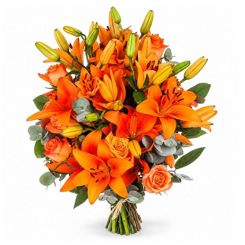 Orangefarbene Lilien und Rosen